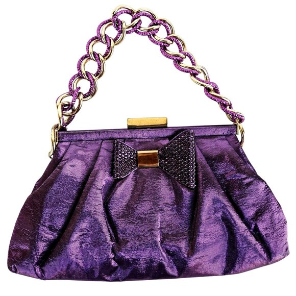Fabiana Mori Italian Purple Satin Evening Bag Rhinestone Bow Chain Handle 2010s - Picture 12 of 12